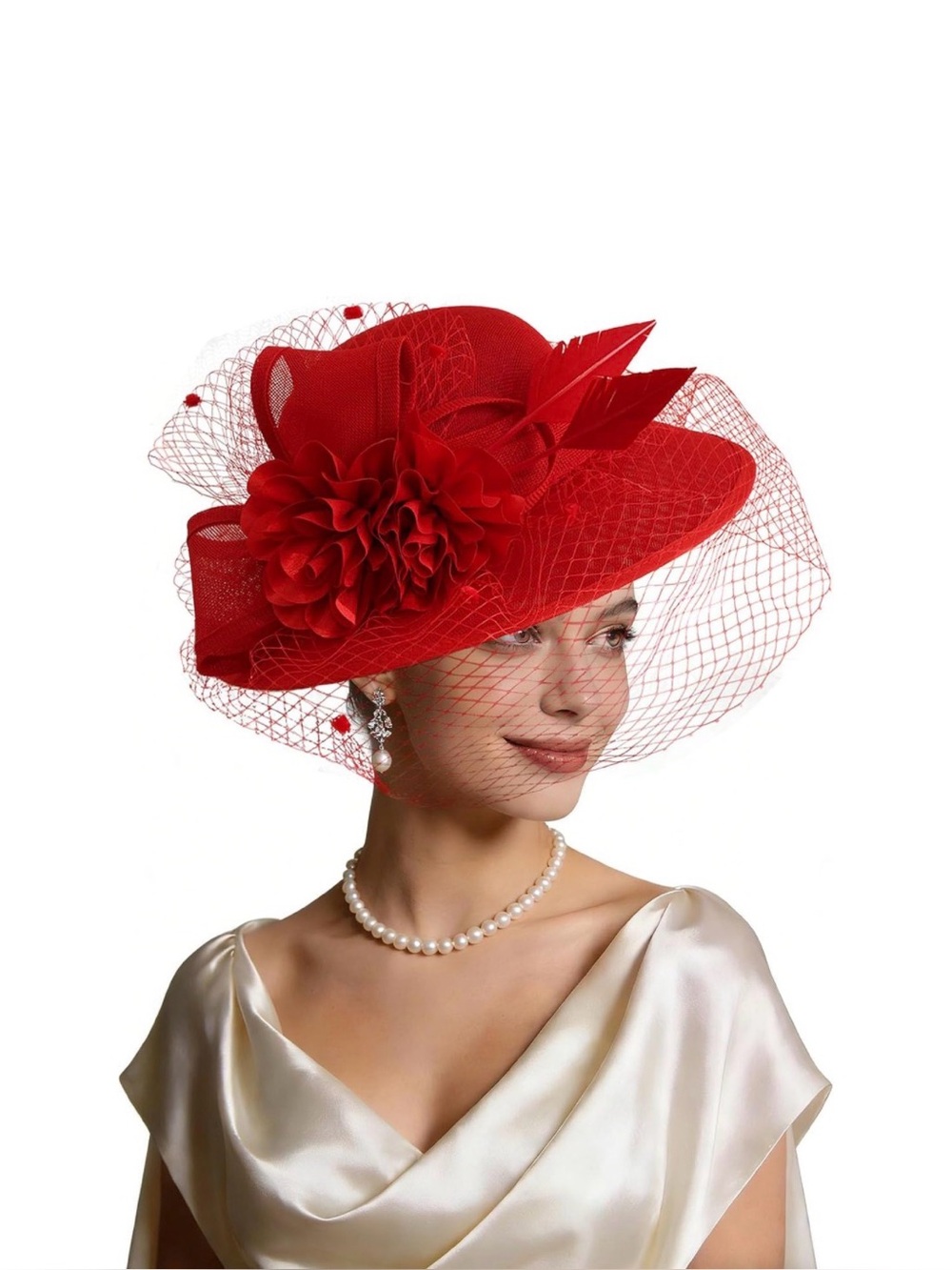 Elegant Red Veiled Fascinator Hat with Floral Accent